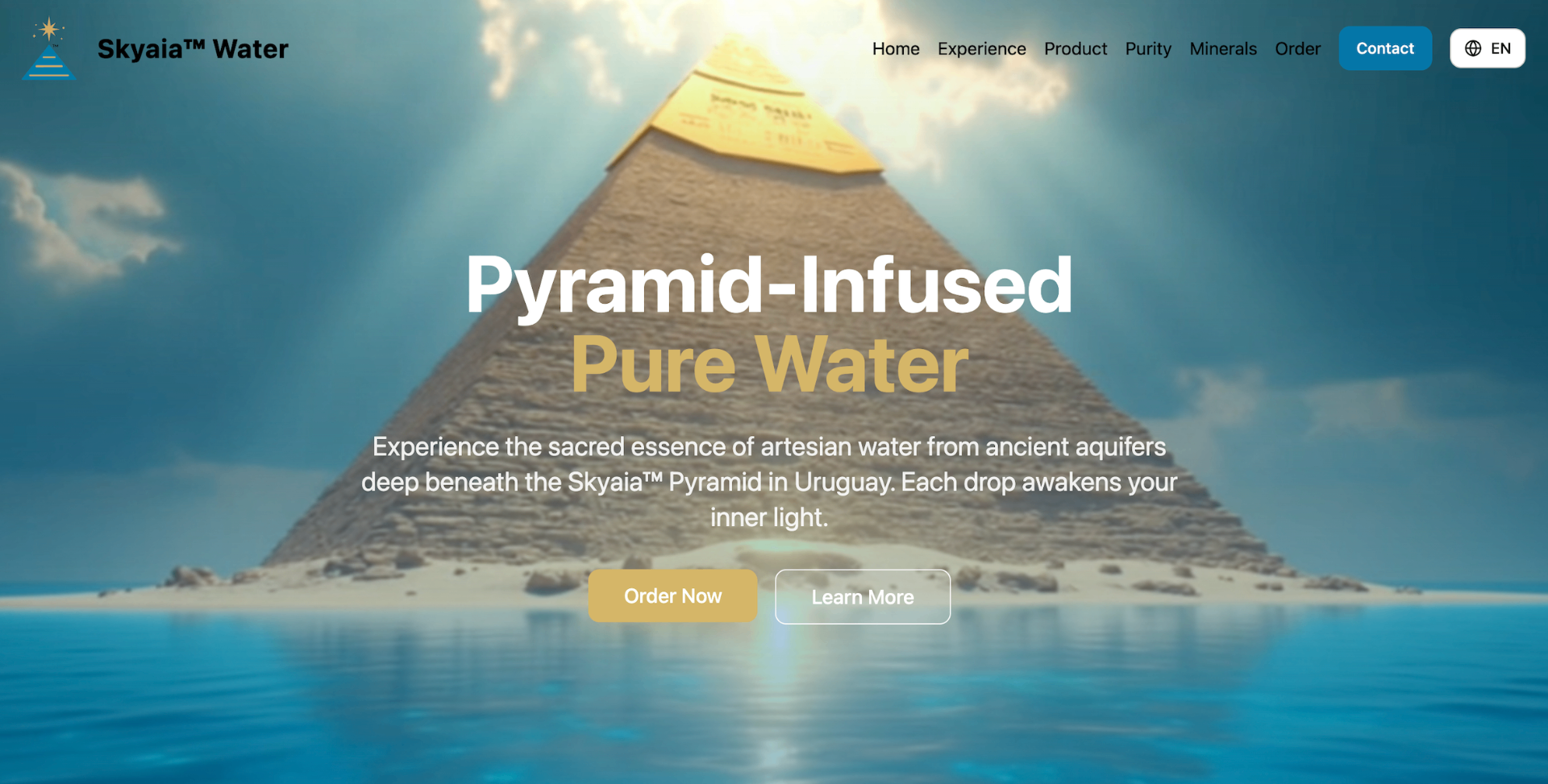 Skyaia Water website showcasing premium pyramid-infused artesian water e-commerce experience